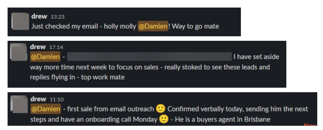 Drew's messages about setting aside more time for sales and confirming his first sale from email outreach.