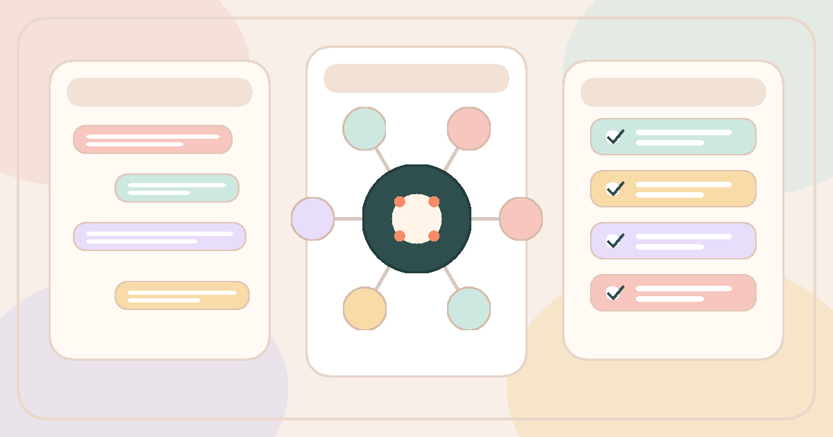 Abstract CLCK-style illustration of an embedded AI agent working across chat, documents, CRM context and approval gates.
