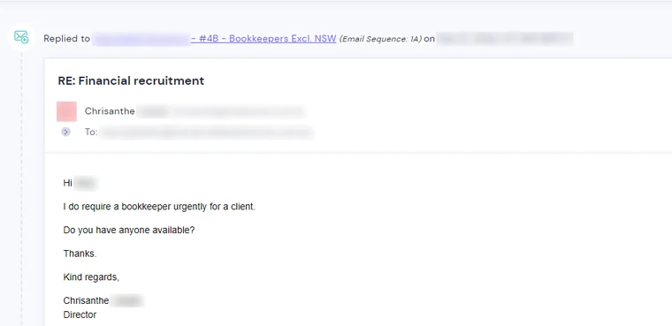 Blurred email reply from an accounting firm director: I do require a bookkeeper urgently for a client. Do you have anyone available?