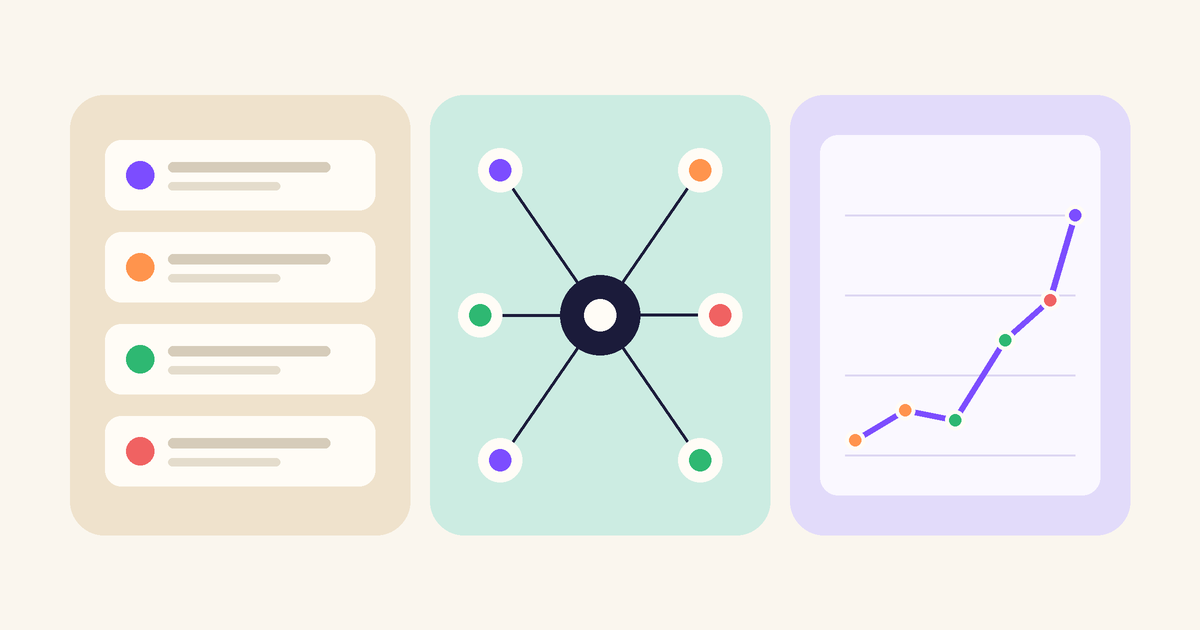 Three pastel panels: a stack of message cards, a hub connected to six nodes, and a rising line chart.