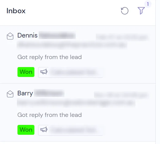 Blurred campaign inbox showing two employer replies, each tagged Won.
