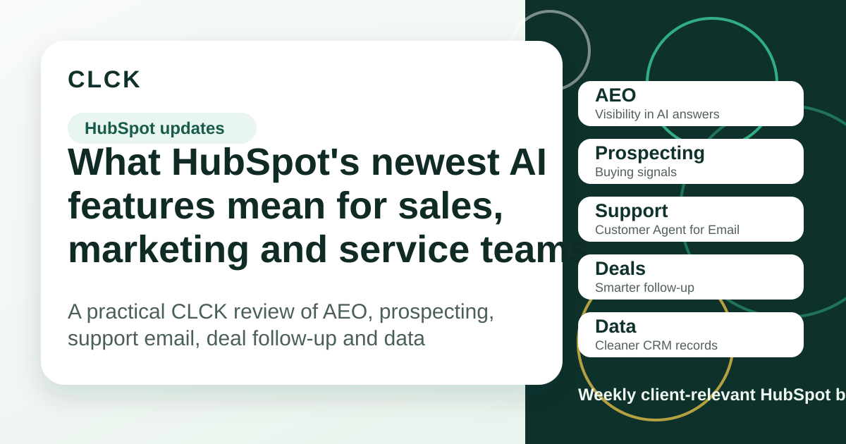 CLCK-branded social preview for a weekly HubSpot update article about AI features across sales, marketing and service.