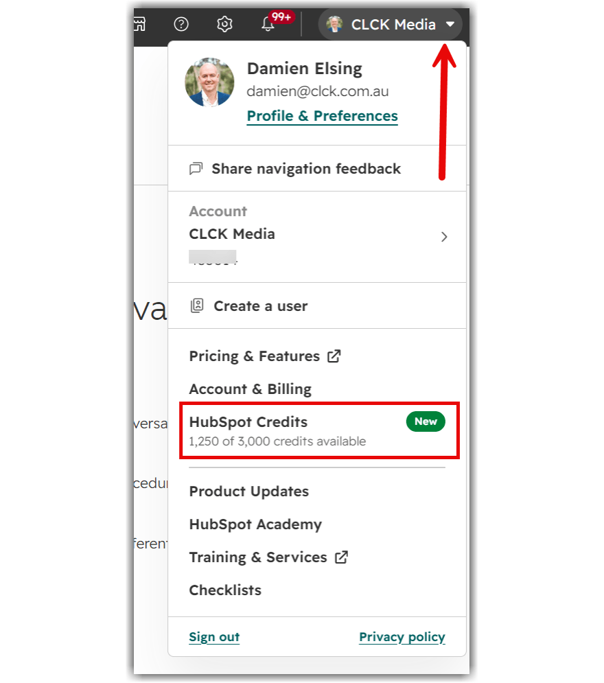 HubSpot's account menu, opened from the top right of the screen, with the HubSpot Credits item highlighted showing 1,250 of 3,000 credits available.