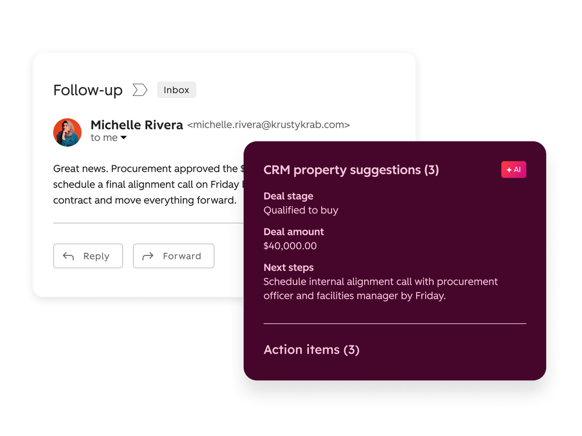 A customer's follow-up email beside HubSpot's CRM property suggestions, which propose a new deal stage, deal amount and next steps based on the email.