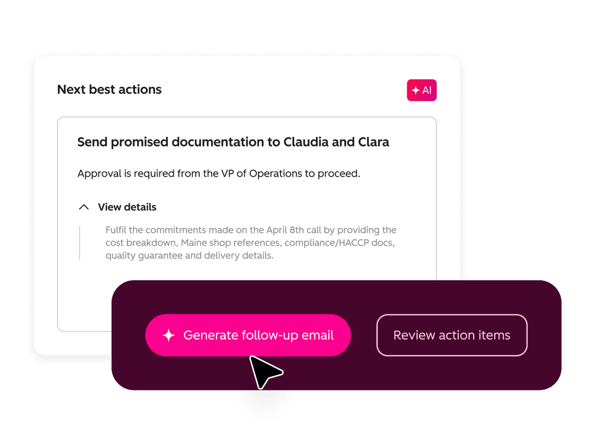 HubSpot's next best actions card recommending that the rep send promised documentation to two contacts, with a Generate follow-up email button.