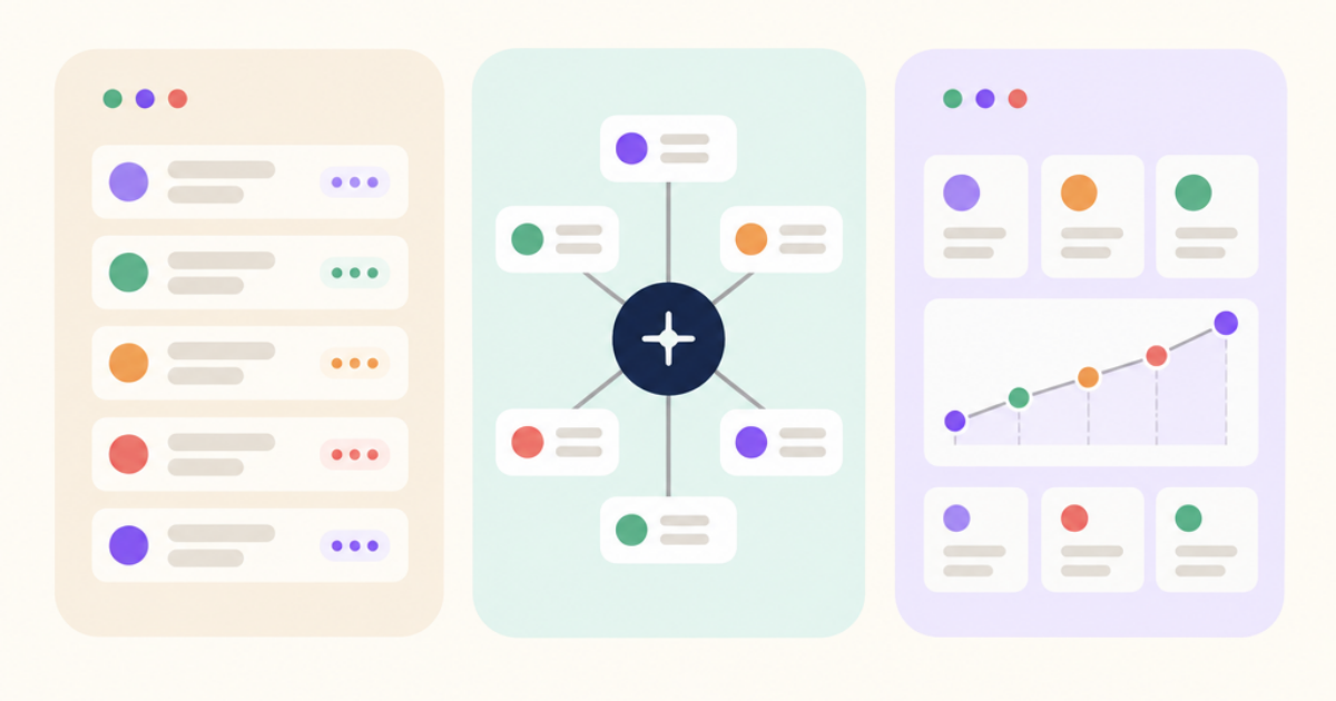 Abstract illustration of three pastel panels: a list of CRM records, a central hub connected to surrounding cards, and a dashboard with a rising line chart.