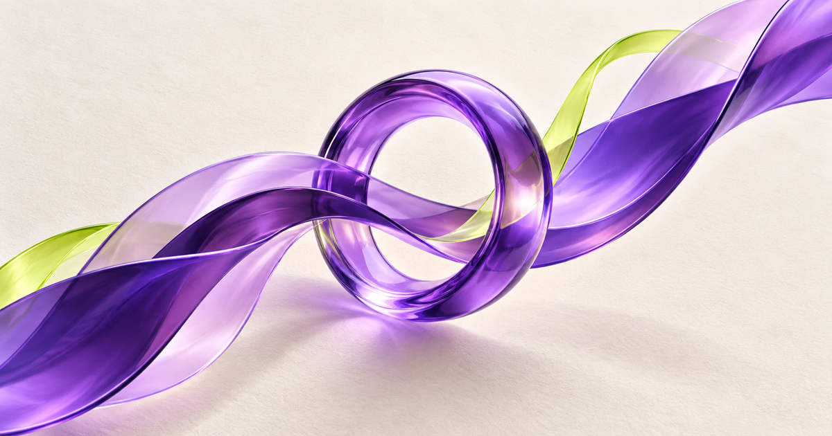 Translucent violet ribbons flow through a glass ring, with a lime accent against a warm ivory background.