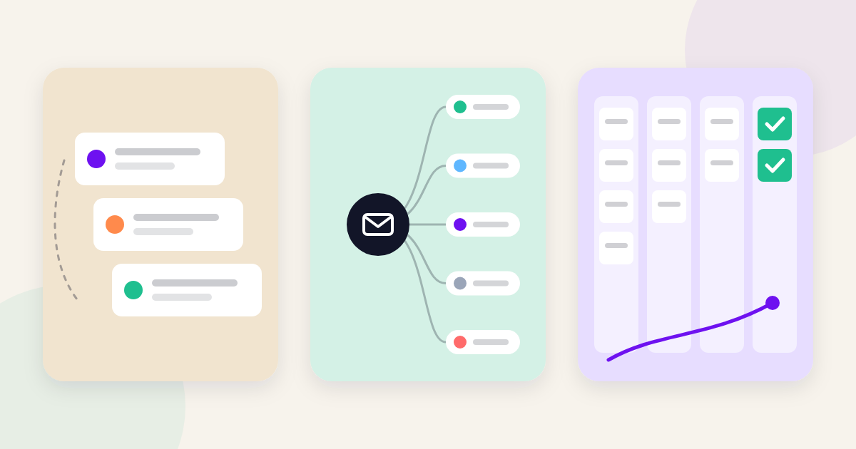 Three pastel panels: a staggered stack of message cards, an inbox hub sorting replies into five coloured lanes, and a deal board with cards moving into a column of green ticks.