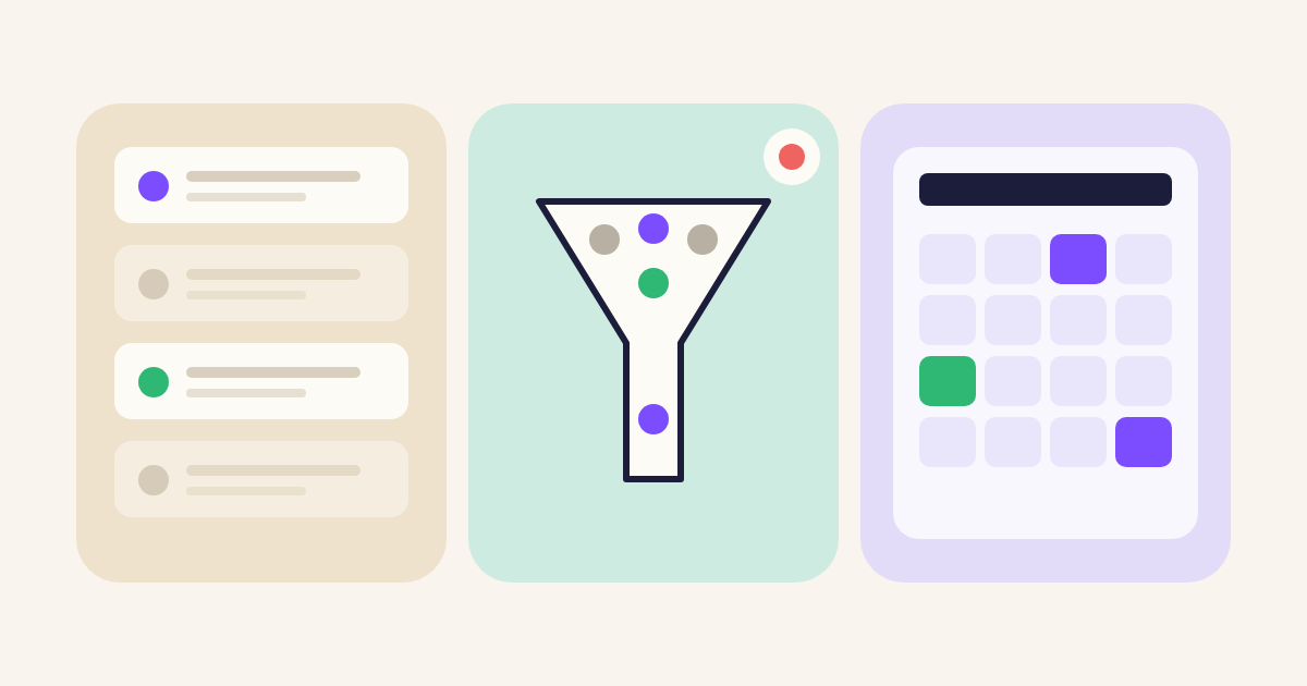 Three pastel panels: a stack of message cards, a funnel letting one dot through, and a calendar with a few booked days.