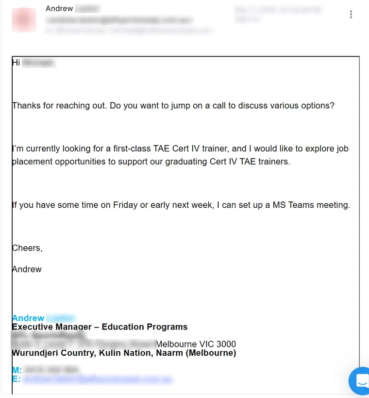 Email reply from an education programs manager looking for a TAE Cert IV trainer and offering a Teams meeting. Surname and contact details blurred.
