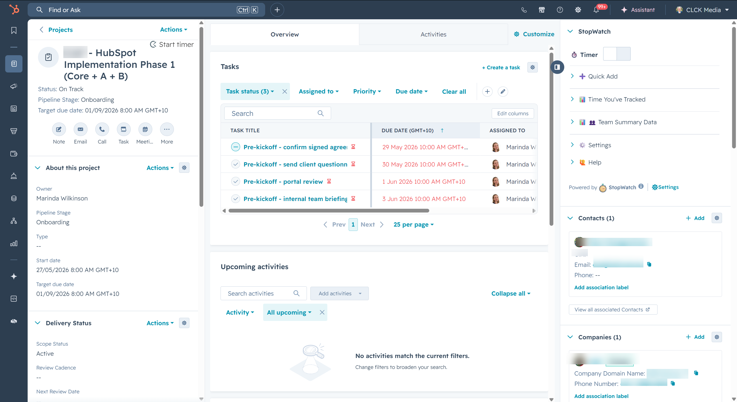 HubSpot Project record showing stage, owner, tasks and CRM context