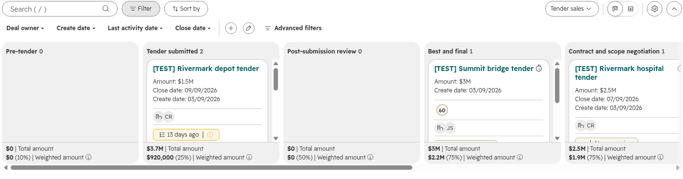 HubSpot demo tender sales board with fictional test deals moving through construction tender stages