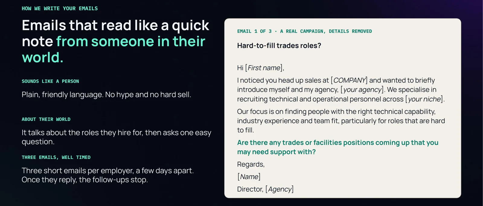 Slide: Emails that read like a quick note from someone in their world. Beside it, email 1 of 3 from a real campaign with details removed, subject Hard-to-fill trades roles, introducing a recruitment agency that specialises in technical and operational personnel and asking whether any trades or facilities positions are coming up.