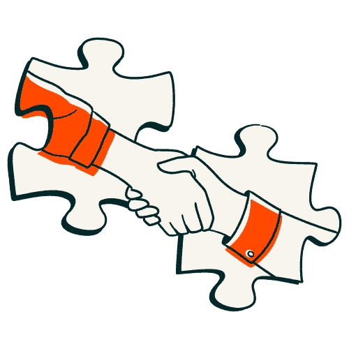 Partnership handshake with puzzle piece background, representing collaboration and strategic alliances.