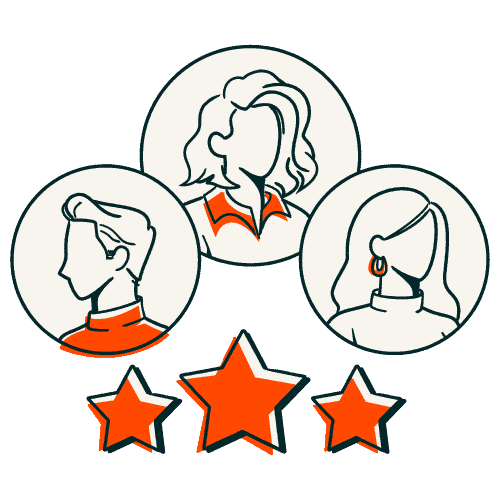 Customer reviews showcasing satisfied clients with profile illustrations and star ratings.